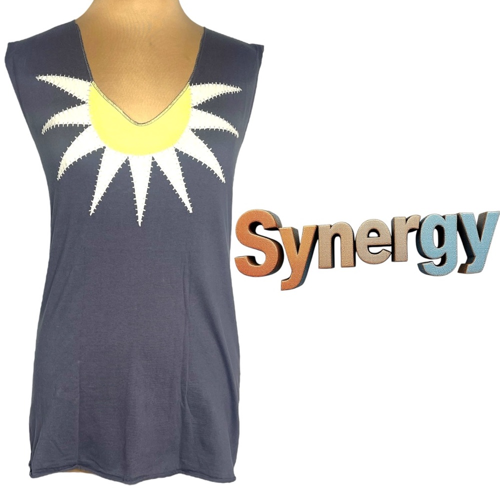 Women's Navy Sleeveless Top with Yellow Sunburst